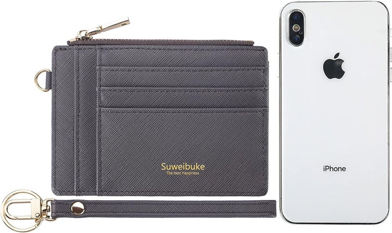 Wikavanli Women Slim Rfid Blocking Credit Card Case Holder Wristlet Zip ID Case Wallet Small Compact Leather Wallet Coin Purse with Keychain (Gray a) - Image 3